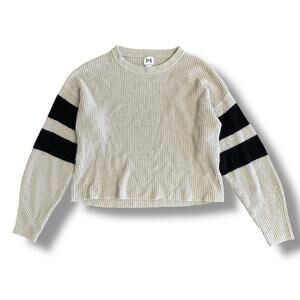 John + Jenn Beige Stripe Sleeve Sweater Women’s Small Preppy Minimalist Neutral
